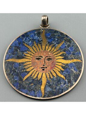 Vintage Taxco Celestial Sterling Silver Mixed Metal Inlay Blue Mosaic Sun Pendan